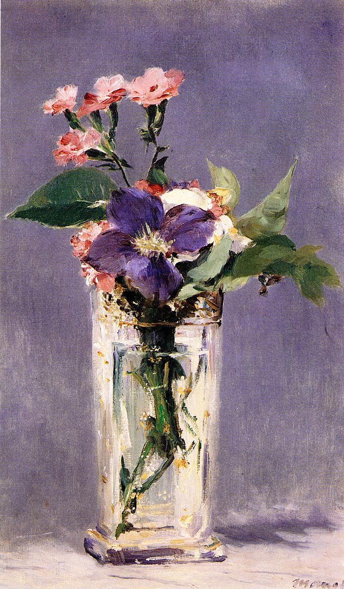 Pinks and Clematis in a Crystal Vase 